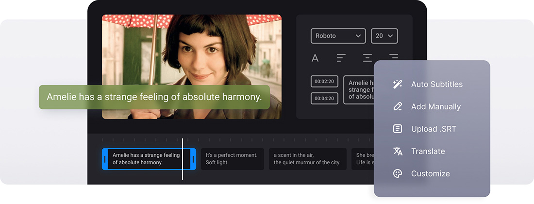 Инструмент Add subtitles в Clideo с вариантами Auto Subtitles, Add Manually и Upload .SRT