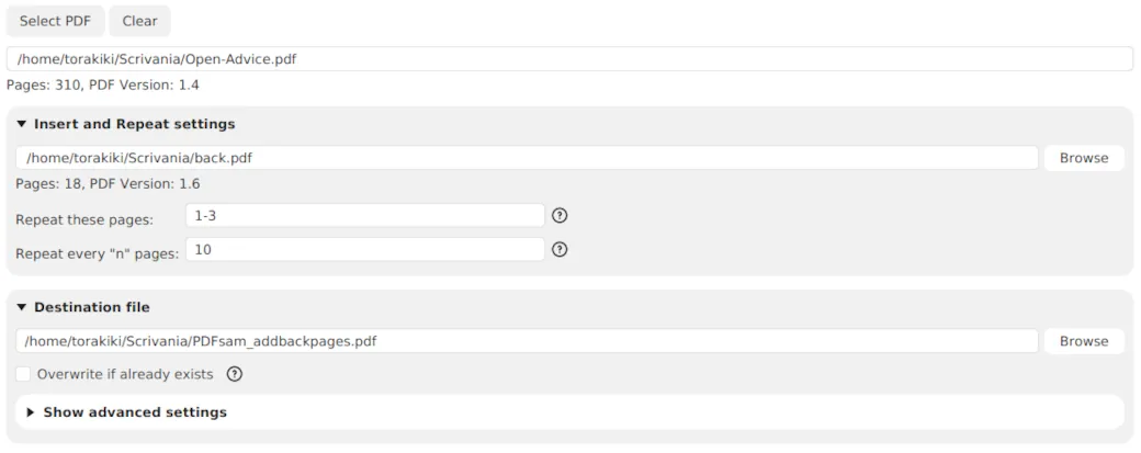 Модуль Insert pages multiple times в PDFsam Basic с настройками Repeat these pages и Repeat every n pages