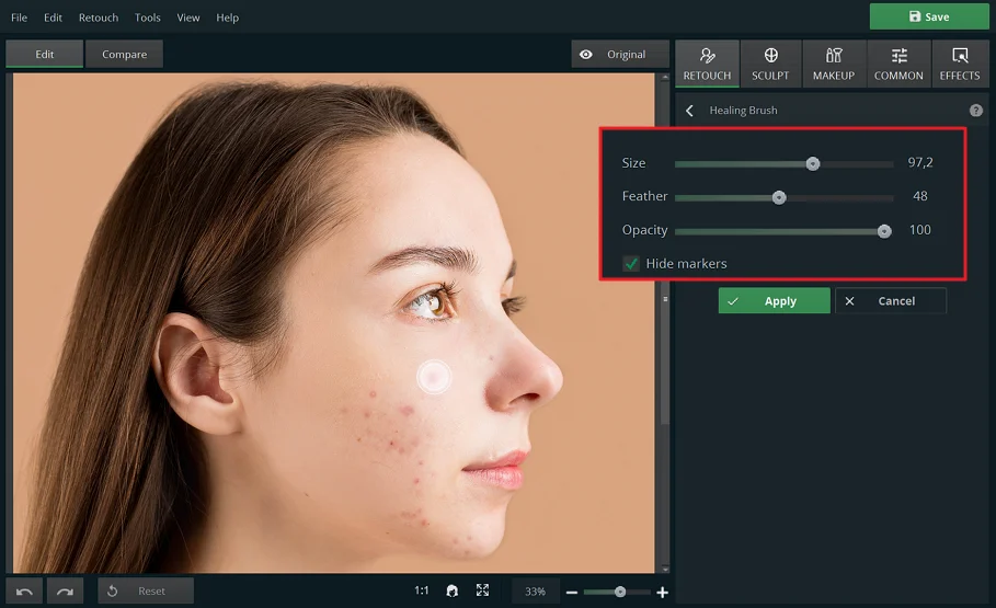 Healing Brush для удаления прыщей в PhotoDiva