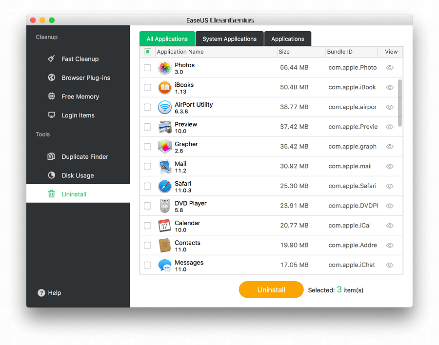 Раздел Uninstall в EaseUS CleanGenius для Mac со списком приложений, размерами и Bundle ID