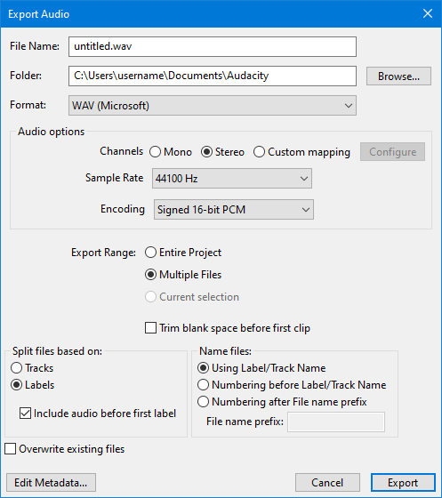 Export Audio Multiple Files по Labels в Audacity