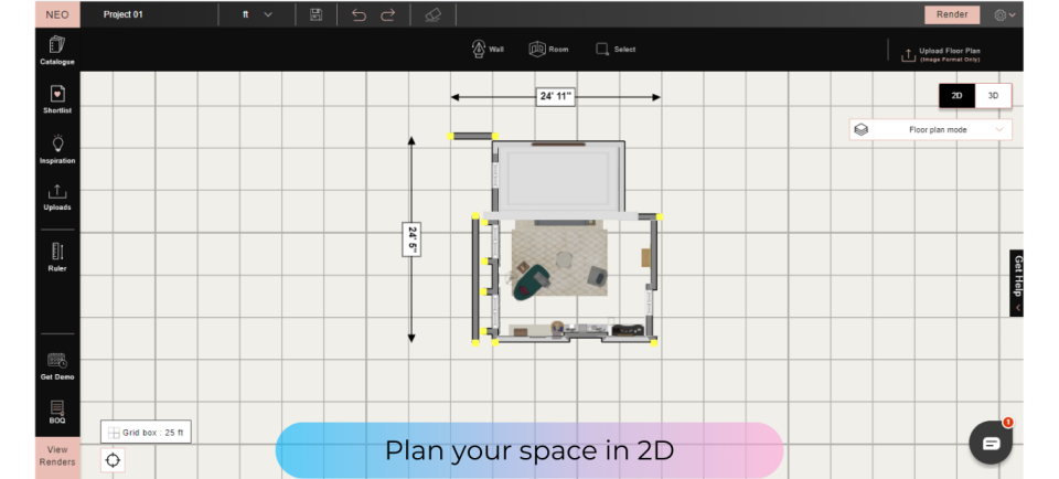 Интерфейс Foyr Neo с размерным 2D-планом и переключателем в 3D