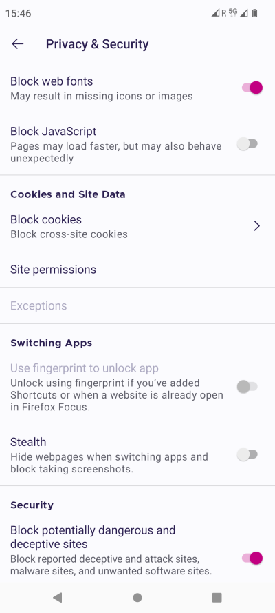 Настройки Privacy & Security в Firefox Focus на Android