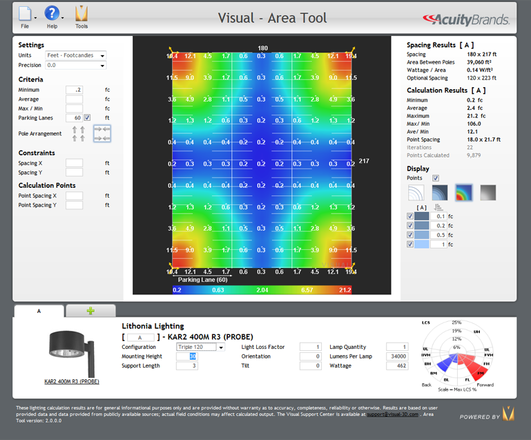 Интерфейс Visual Area Tool с расчетным полем и картой освещенности