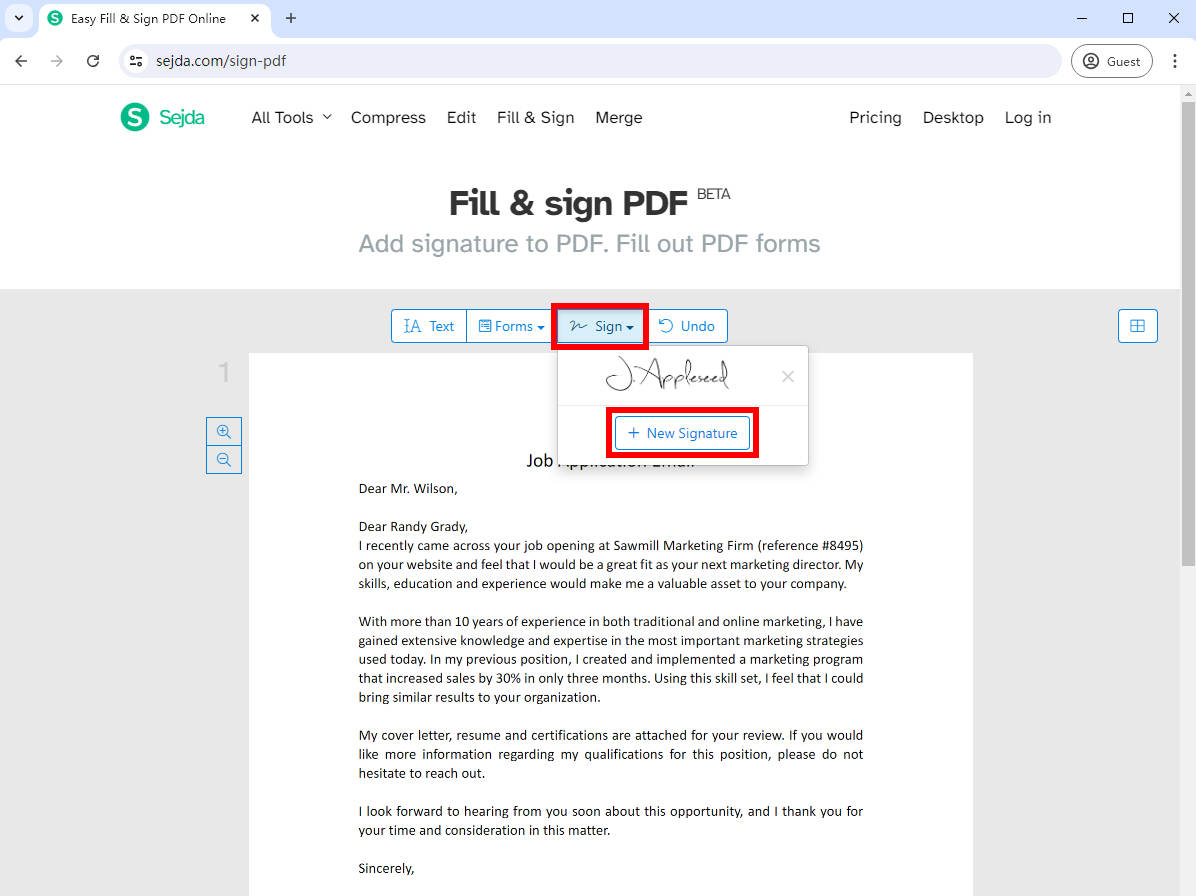 Команда Add Signature в Sejda PDF Editor