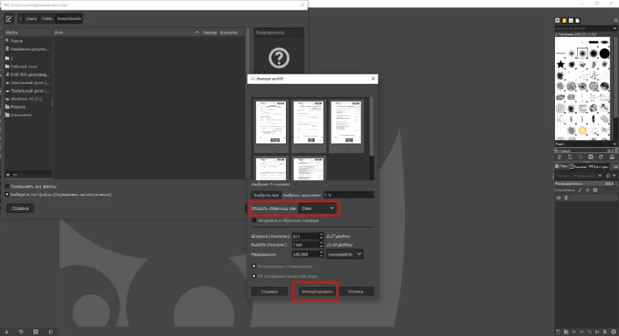 Открытие PDF в GIMP для последующего сохранения TIFF