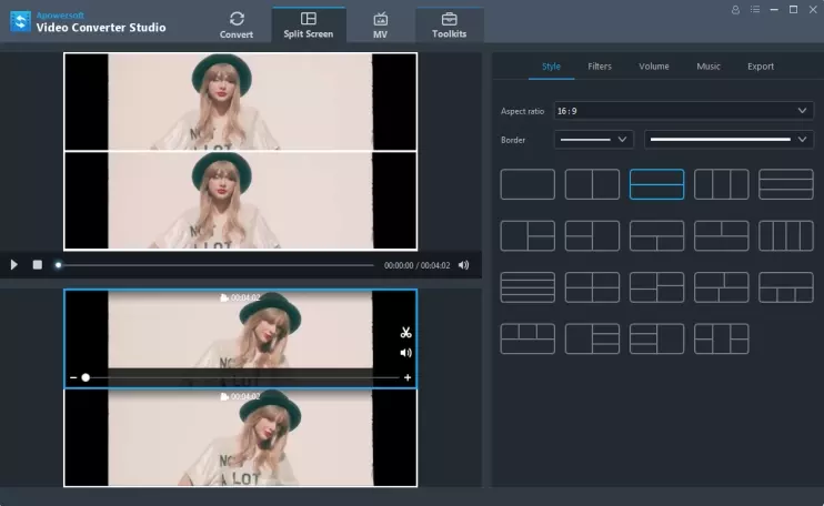 Модуль Split Screen в Apowersoft Video Converter Studio с выбором шаблонов и соотношения сторон