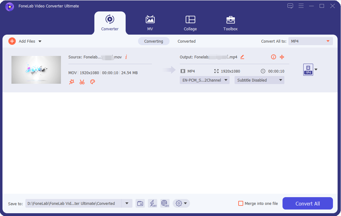 Кнопка Convert All в нижней правой части окна FoneLab Video Converter Ultimate