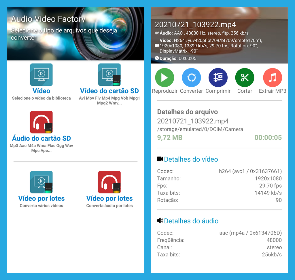 Интерфейс Audio and Video Format Factory на Android с командами конвертации и параметрами файла