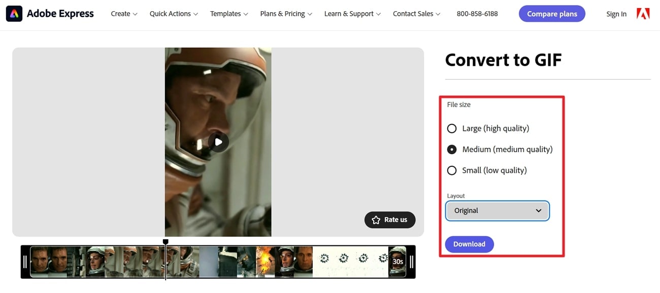 Adobe Express: параметры File size, Layout и кнопка Download в Convert to GIF