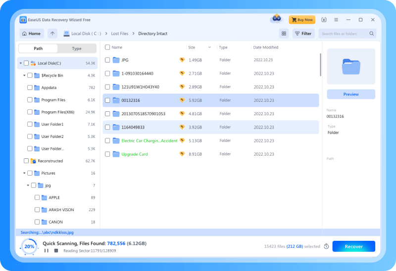 Результаты сканирования, фильтр и кнопка Recover в EaseUS Data Recovery Wizard