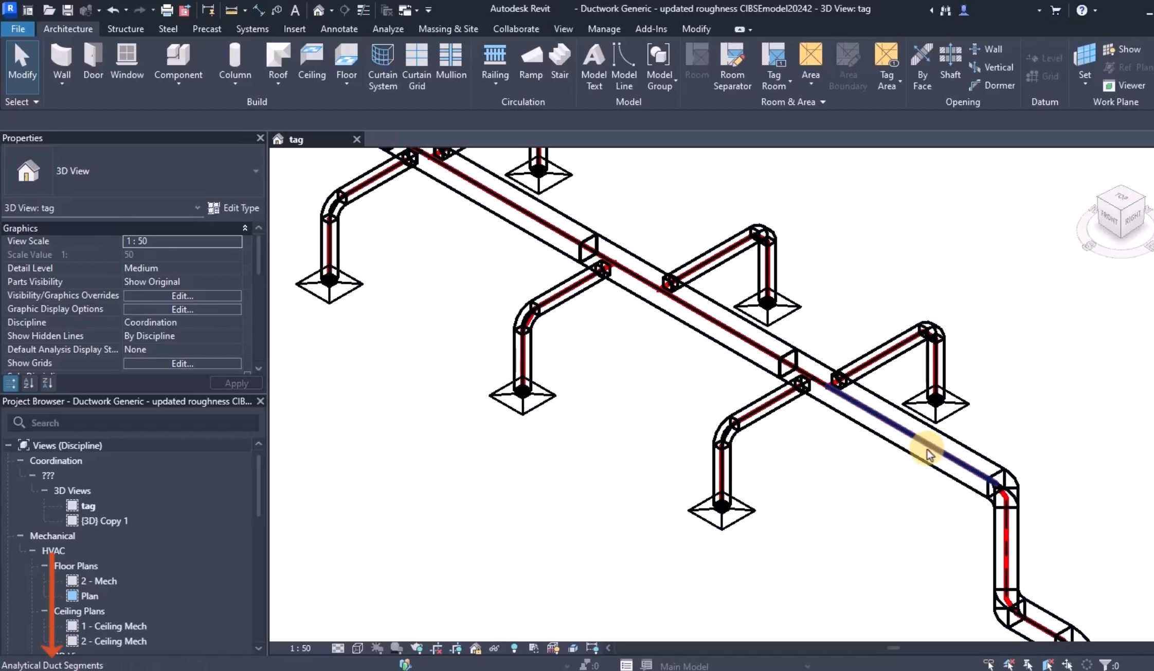 Интерфейс BIM-системы с моделью воздуховодов и панелями свойств