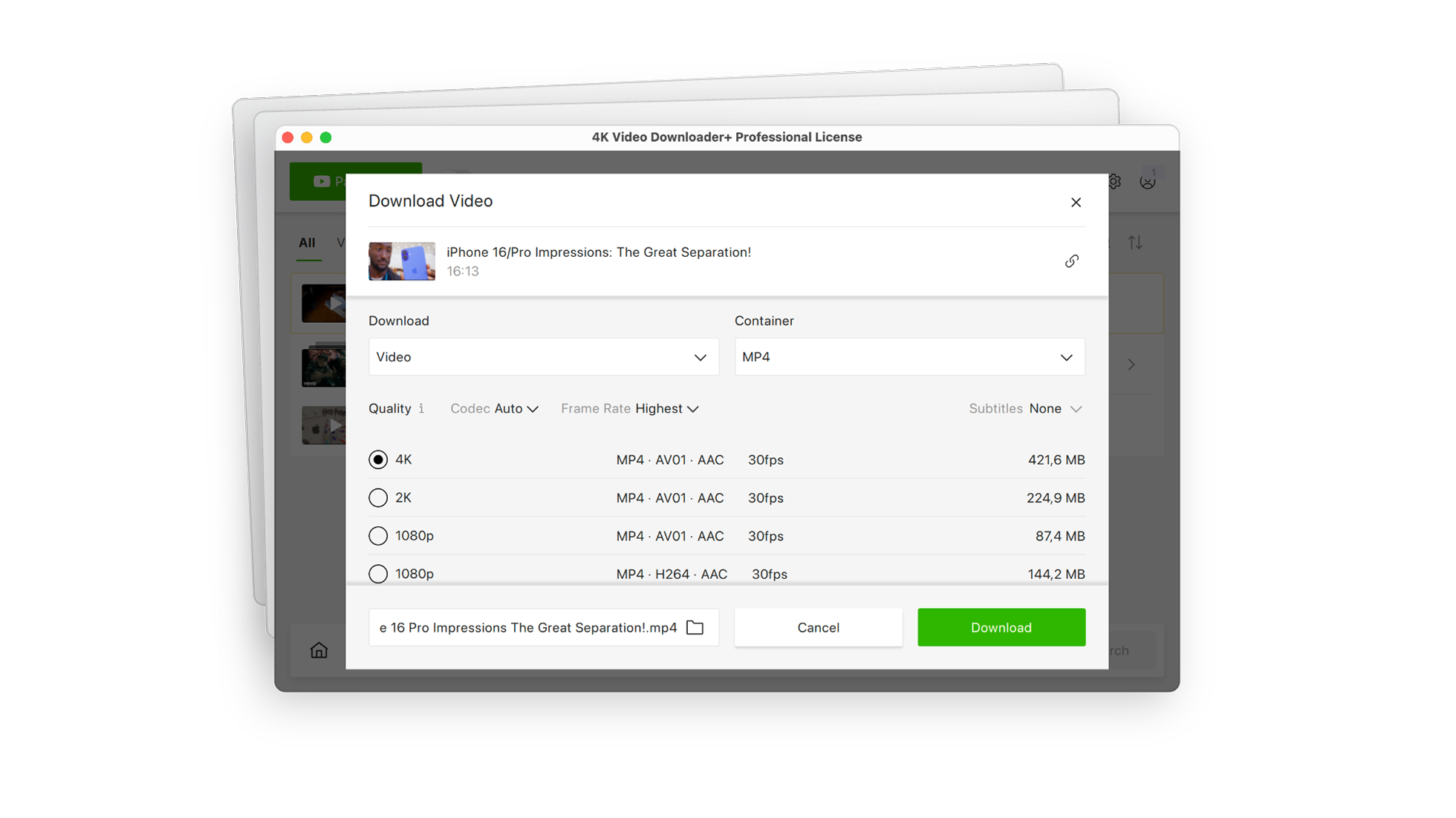 Окно 4K Video Downloader Plus с выбором формата и качества