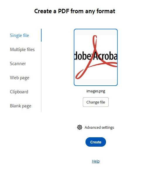 Интерфейс Adobe Acrobat для создания PDF из файлов