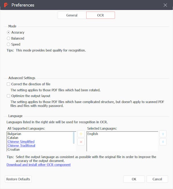 Настройки OCR в Apeaksoft PDF Converter Ultimate