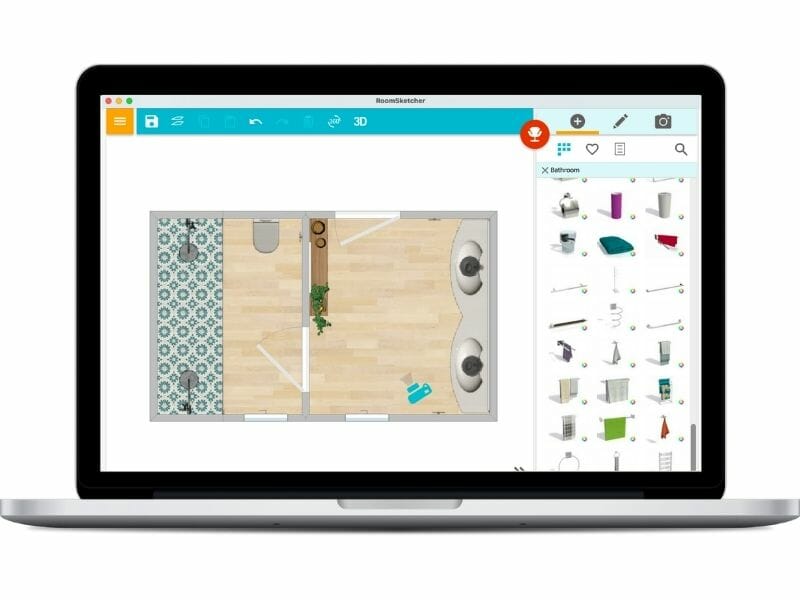 Интерфейс RoomSketcher с планом ванной и каталогом объектов