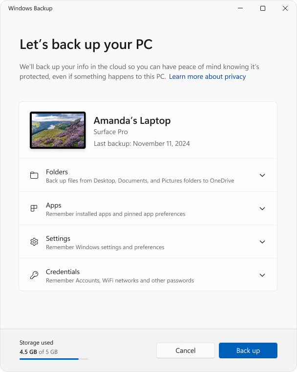 Главное окно Windows Backup с папками, приложениями, параметрами и учётными данными