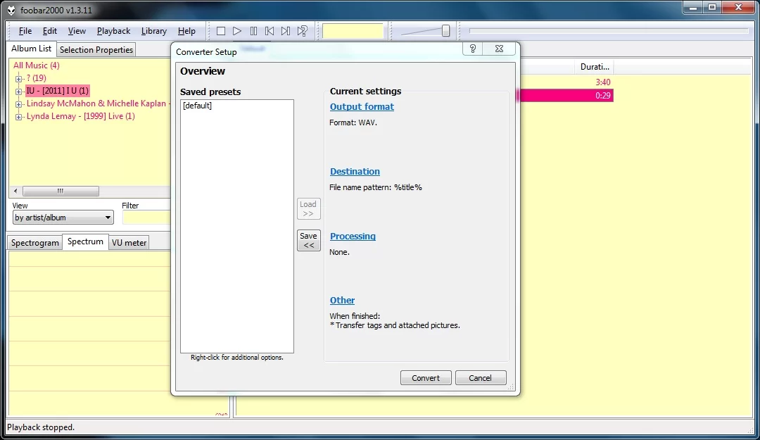 foobar2000: выбор WAV в Converter Setup