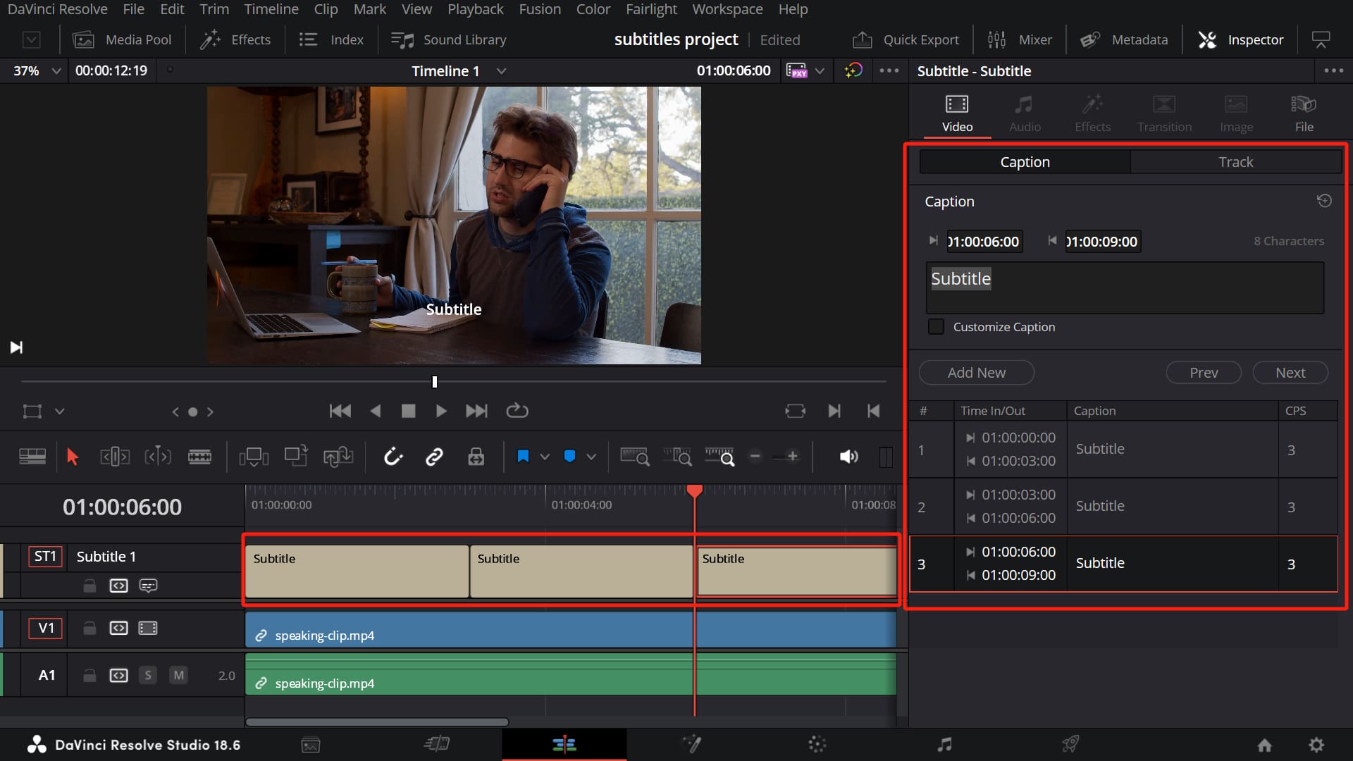 Дорожка субтитров и панель Caption в DaVinci Resolve