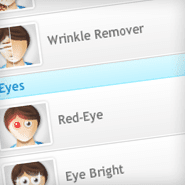 Фрагмент Retouch Tab в iPiccy с инструментами Wrinkle Remover, Red-Eye и Eye Bright
