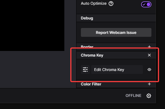 Панель Chroma Key в Twitch Studio для настройки зеленого экрана у webcam layer