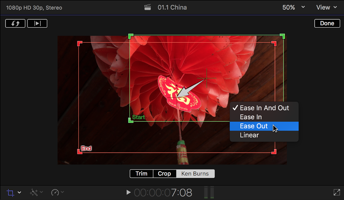 Final Cut Pro: выбор easing для Ken Burns