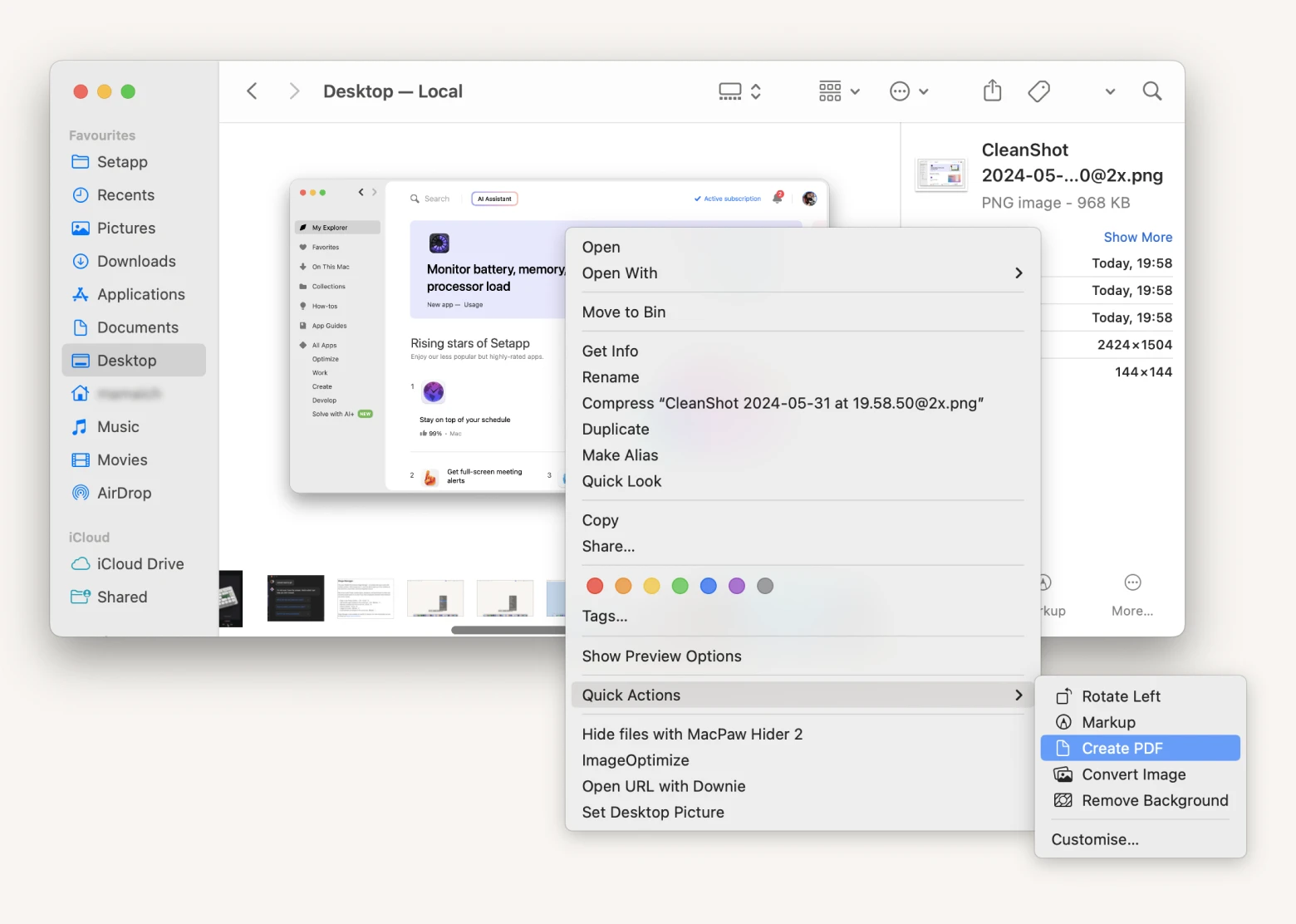 Команда Quick Actions → Create PDF в Finder на macOS