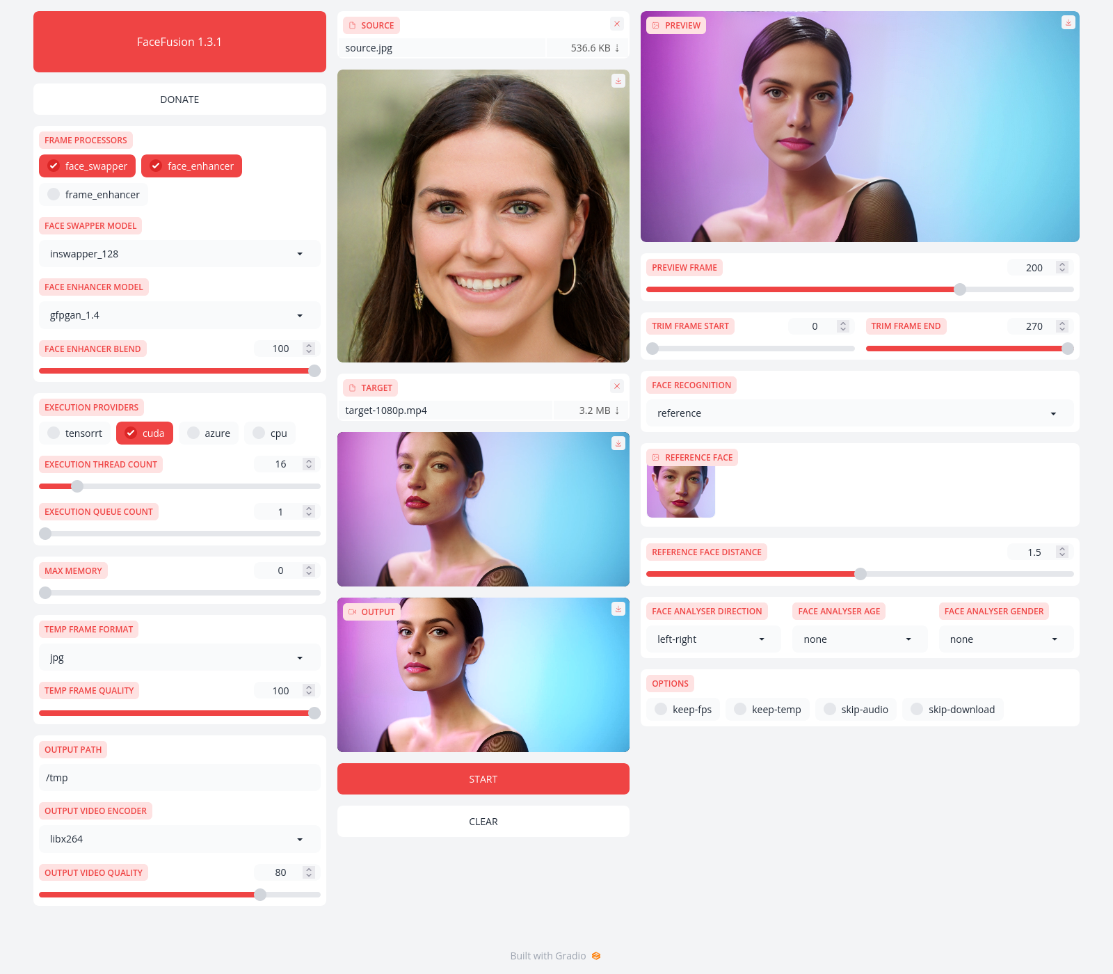 Интерфейс FaceFusion с панелями Source, Target, Preview и Output