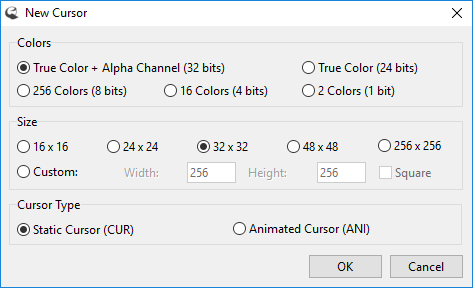 IcoFX: окно New Cursor с выбором Animated Cursor (ANI), глубины цвета и размера