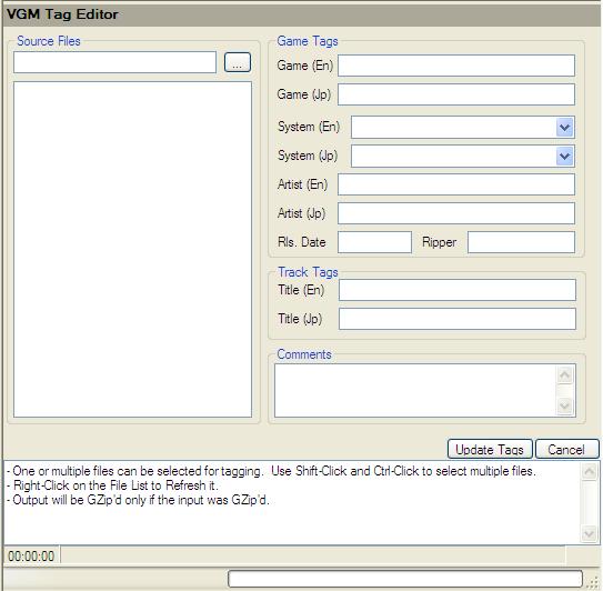 VGM Tag Editor в VGMToolbox с полями Game Tags и Track Tags