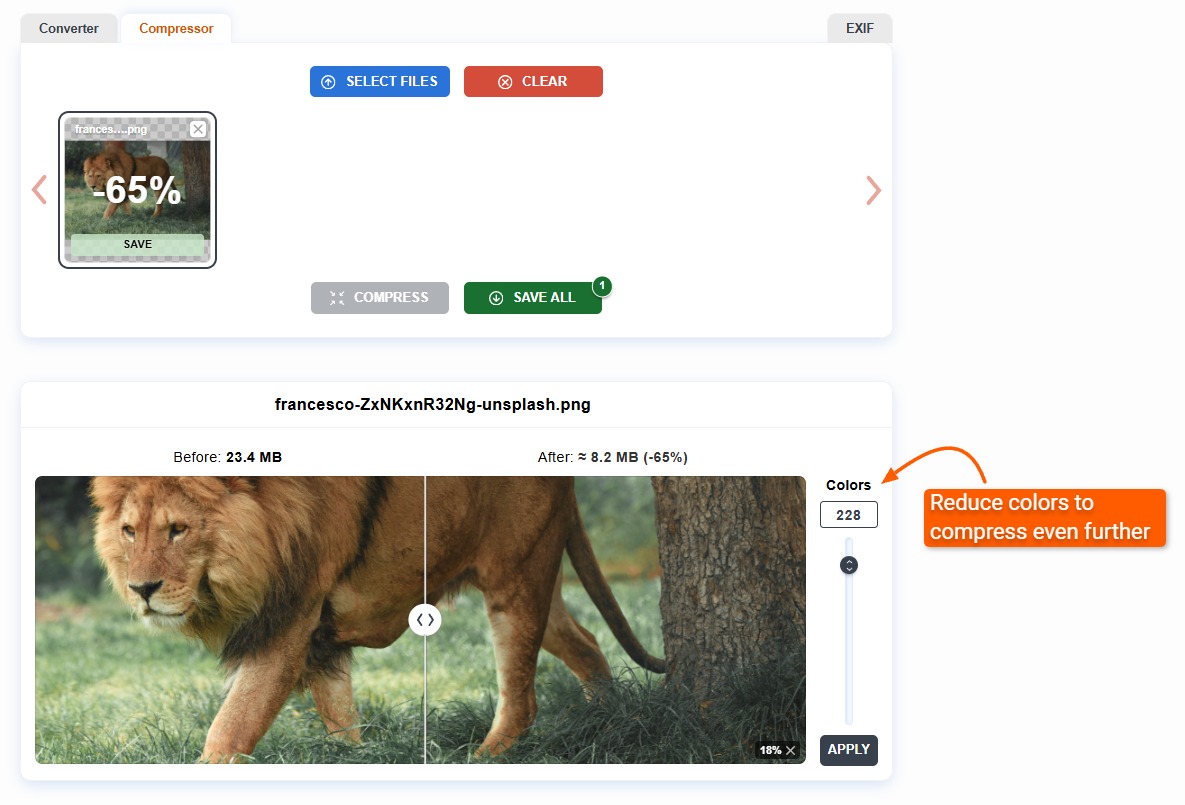 Сжатие PNG через параметр Colors в ImageCompressor.com
