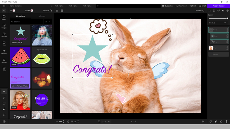 Библиотека элементов, наклеек и текстовых объектов в Picsart