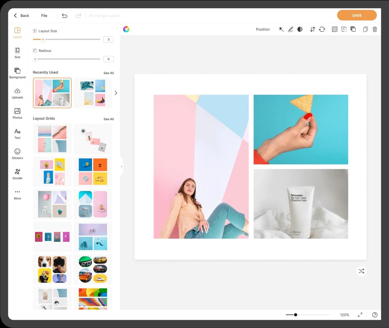 PhotoJoiner: рабочее окно Collage Editor с Layout, Size, Background, Uploads, Photos и Save