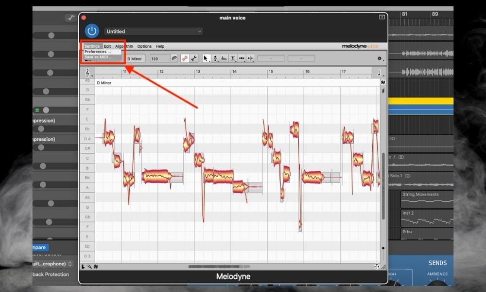 Melodyne с распознанными нотами и командой Save as MIDI