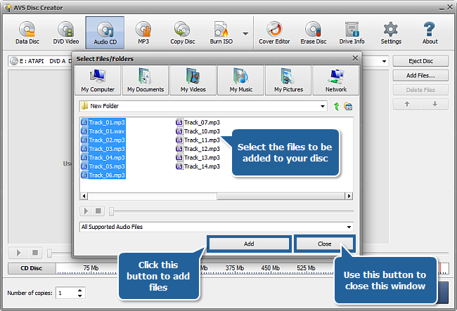 Добавление файлов в проект Audio CD в AVS Disc Creator