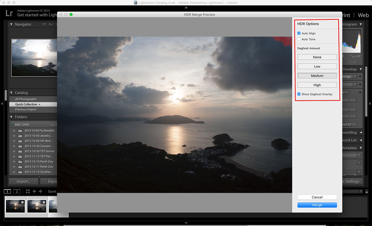 Окно HDR Merge Preview в Lightroom