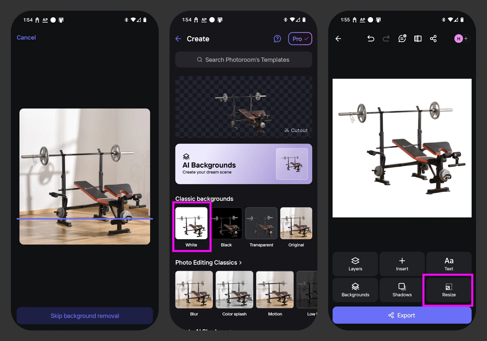 Интерфейс Photoroom с обработкой товарной фотографии