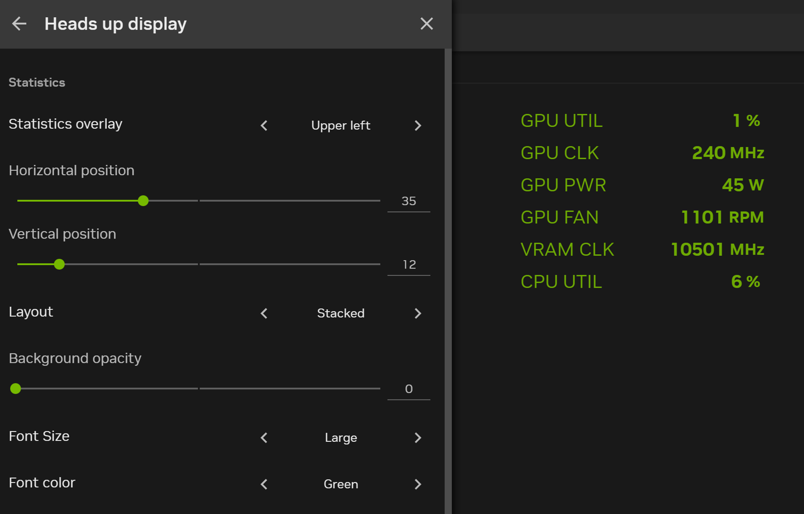 Настройки статистического оверлея NVIDIA App