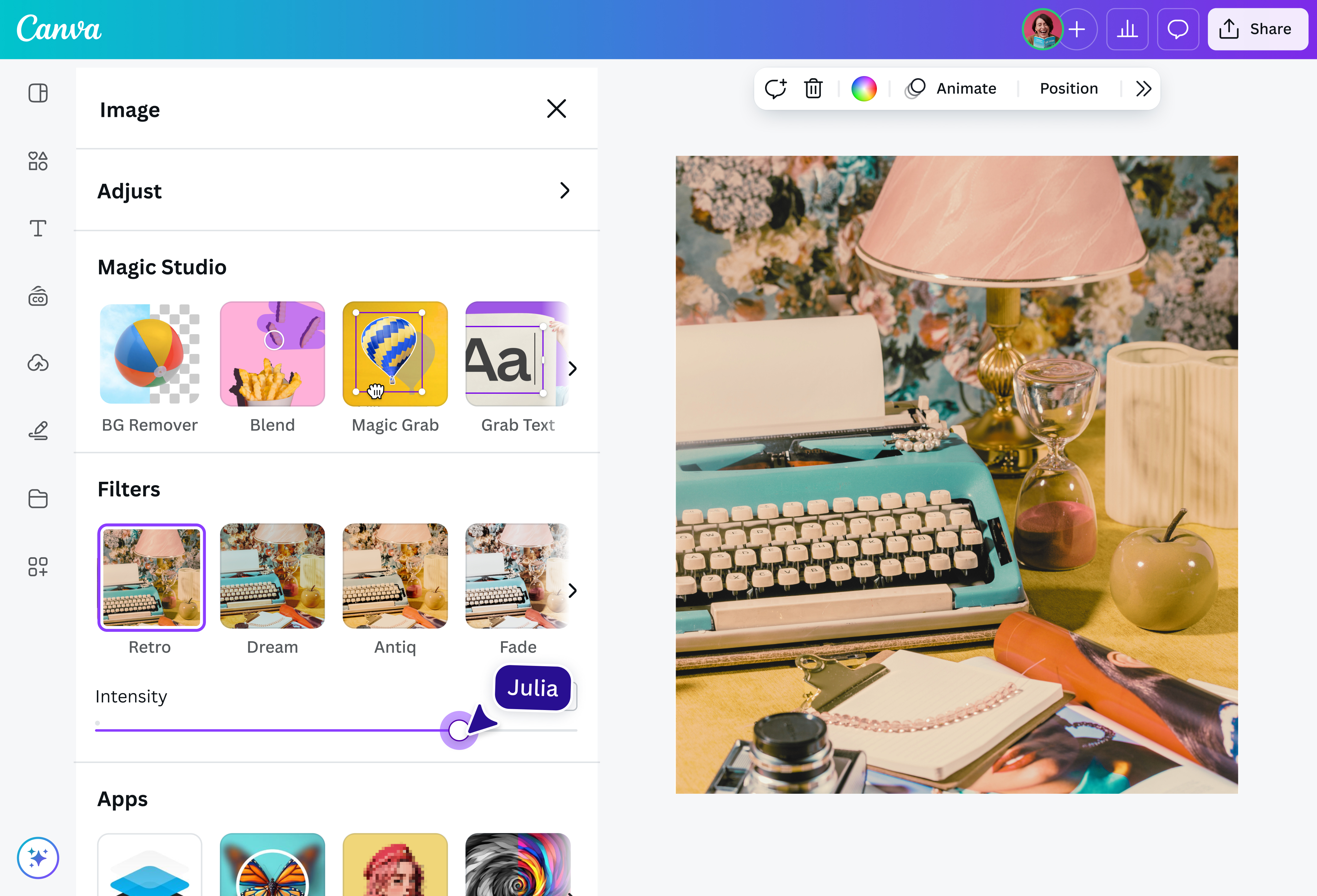 Ползунок Intensity для винтажного фильтра в Canva