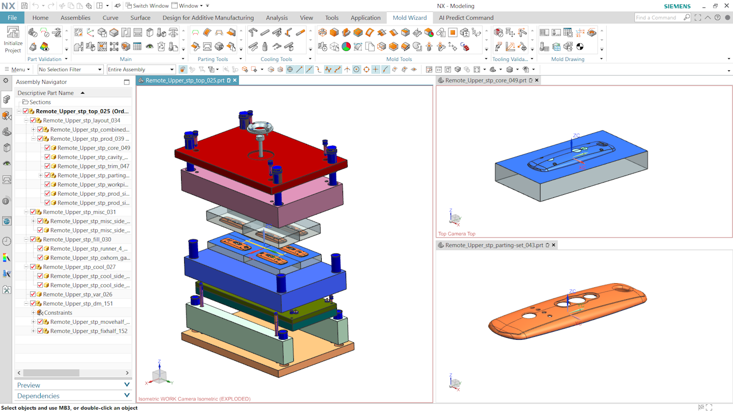 Интерфейс Siemens NX с деревом сборки и 3D-моделью