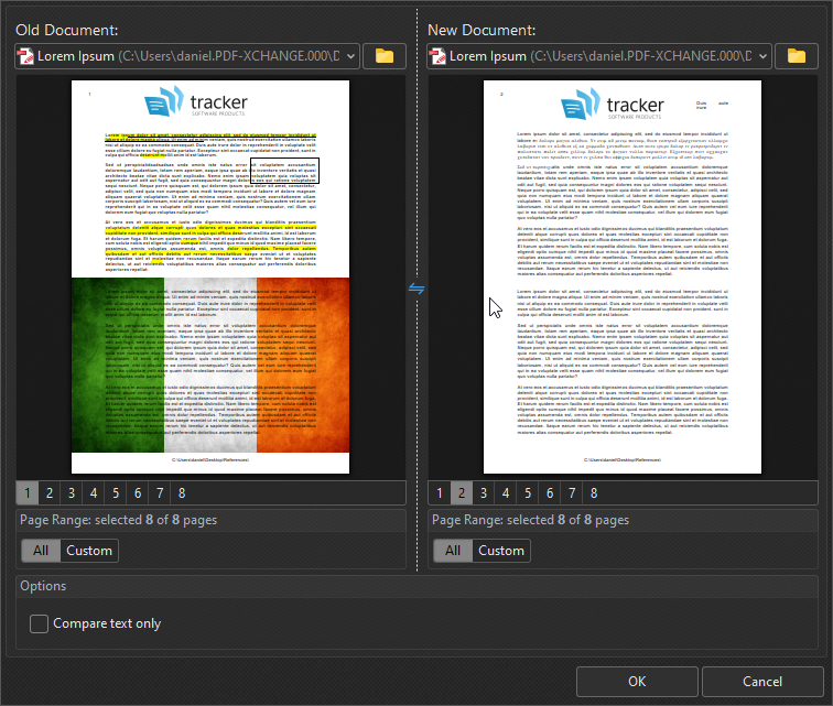 Диалог Compare Documents в PDF-XChange Editor Plus