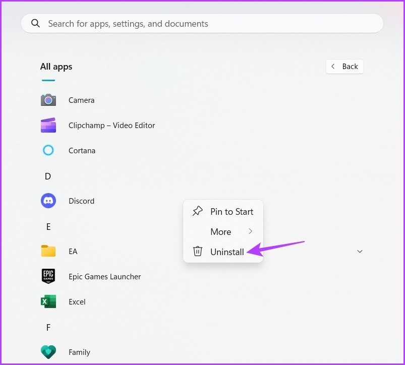 Команда Uninstall в контекстном меню приложения Windows 11