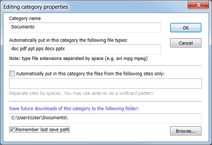 Окно редактирования категории в Internet Download Manager