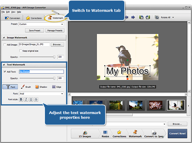 Вкладка Watermark в AVS Image Converter с текстовым водяным знаком