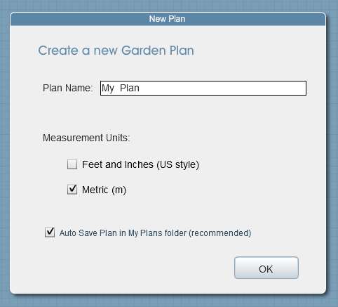 Окно создания нового плана Garden Planner с полем Plan Name, выбором Measurement Units и кнопкой OK