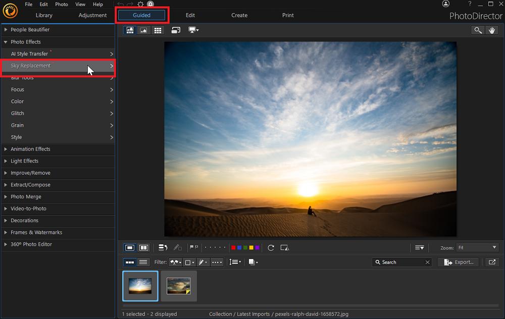 Интерфейс замены неба в PhotoDirector