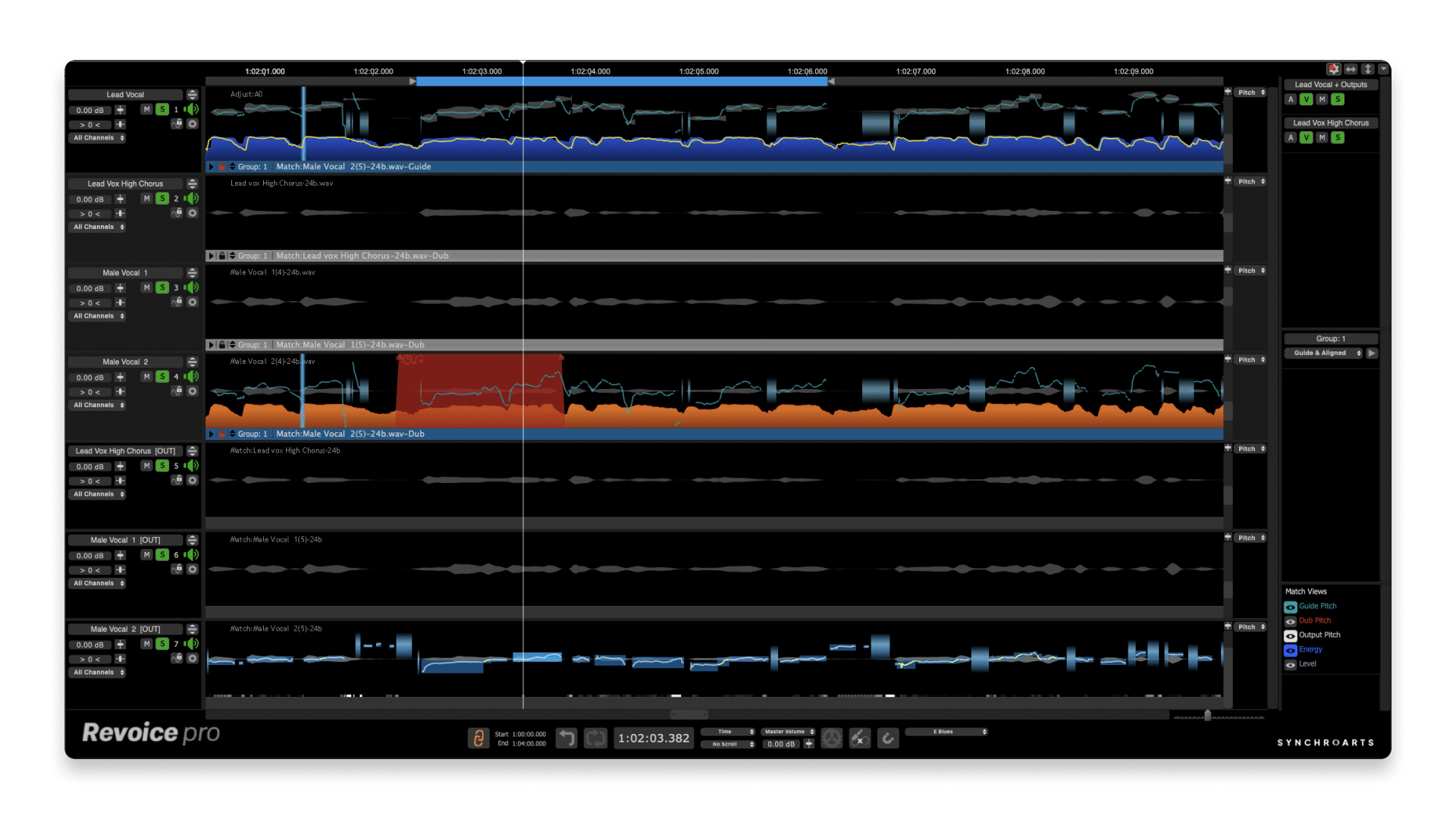 Интерфейс Synchro Arts Revoice Pro 5 с несколькими вокальными дорожками