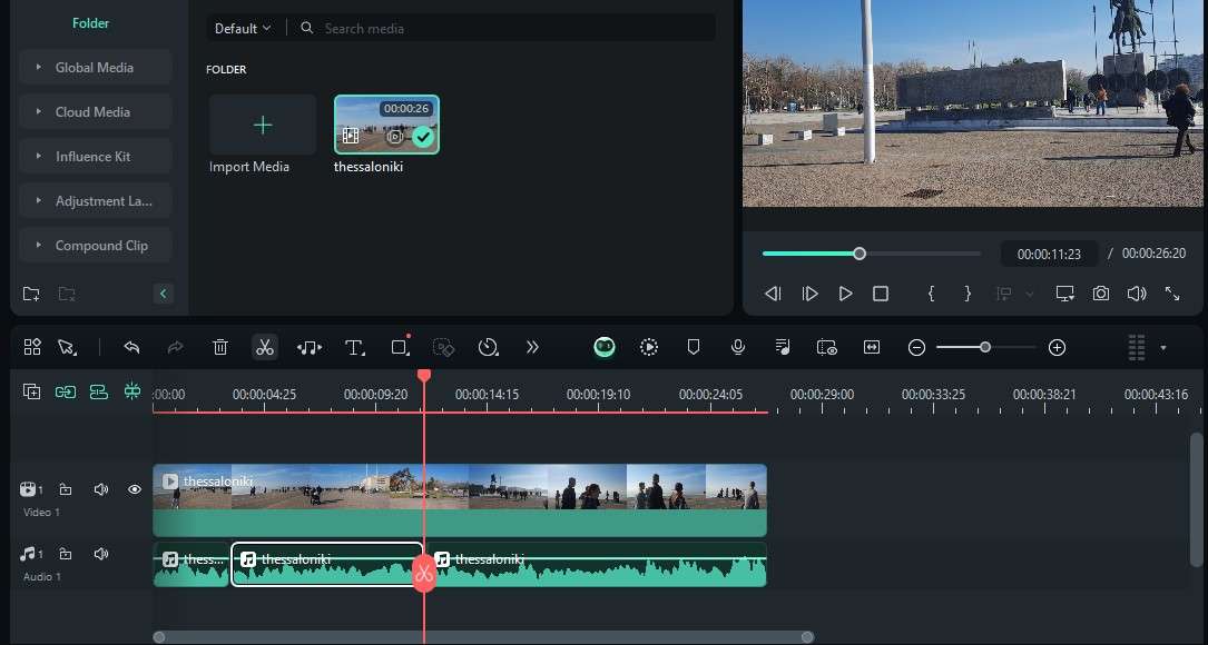 Разделение аудио для частичного удаления в Filmora