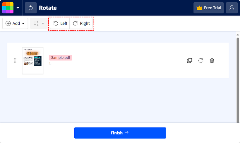Интерфейс Smallpdf Rotate с кнопками Left, Right и Finish