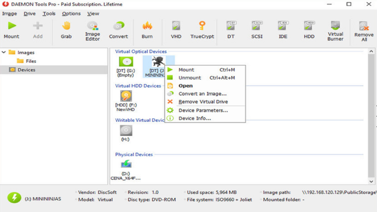 Интерфейс виртуального привода DAEMON Tools